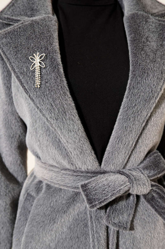 Belted Bronch Detailed Cashmere Coat Smoke