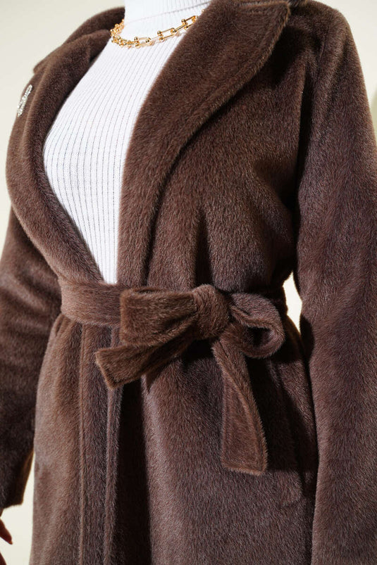 Belted Bronze Detailed Cashmere Coat Brown