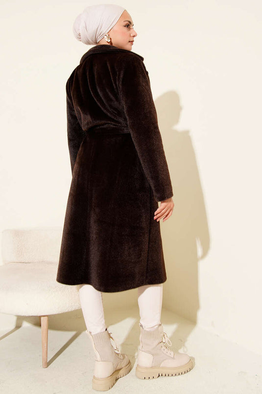 Kaschmirmantel mit Gürtel und Brosche, dunkelbraun