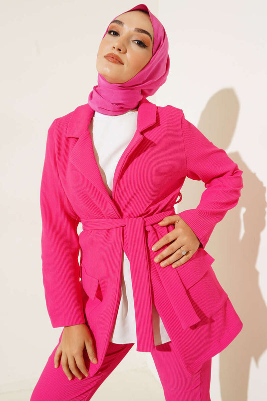 Costume Double Veste Ceinturée En Velours Côtelé Fuchsia