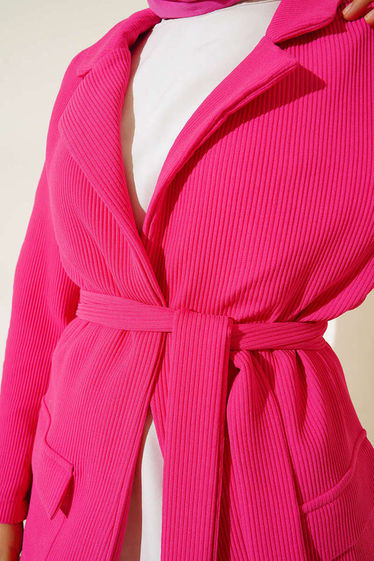 Costume Double Veste Ceinturée En Velours Côtelé Fuchsia