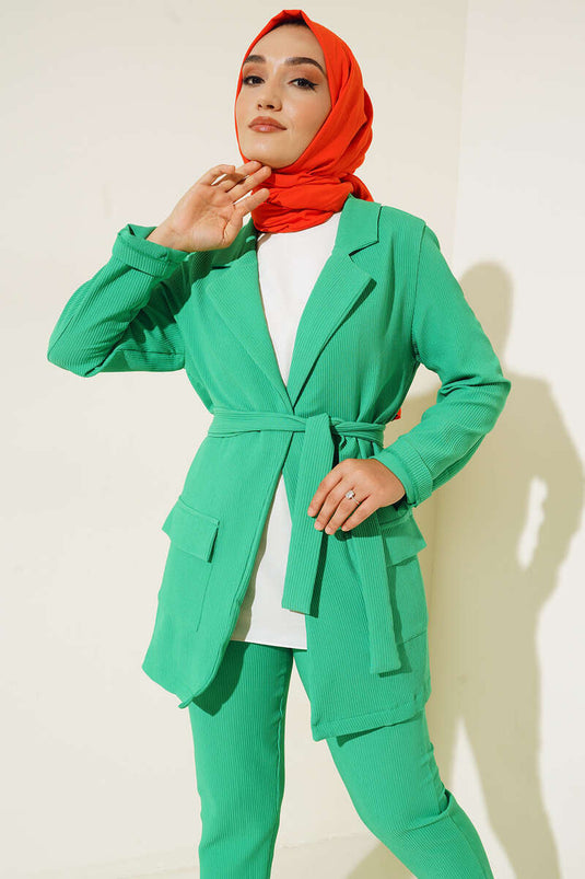 Costume Double Veste Ceinturée En Velours Côtelé Vert