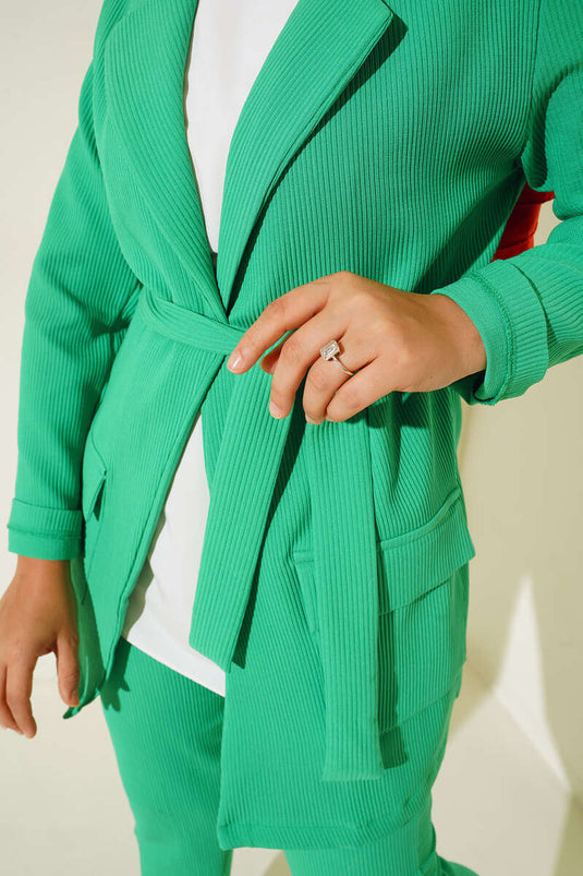 Costume Double Veste Ceinturée En Velours Côtelé Vert