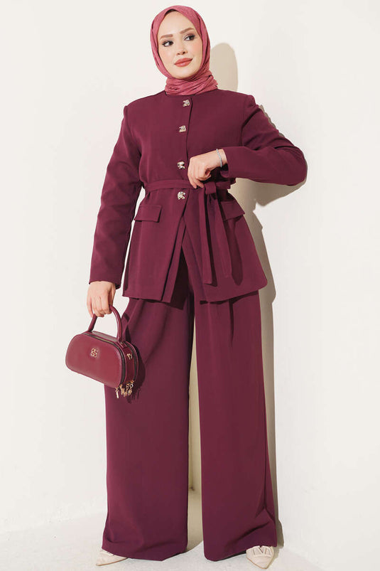 Belted Pockets Jacket Set In Burgundy