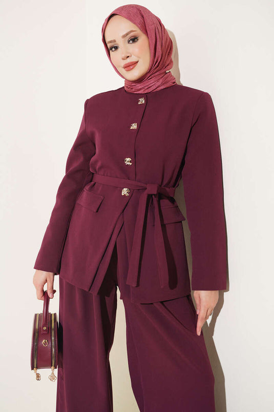 Belted Pockets Jacket Set In Burgundy