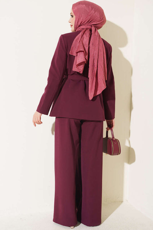 Belted Pockets Jacket Set In Burgundy