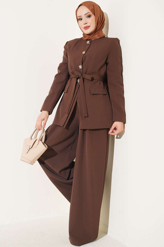 Belted Pockets Jacket Set In Brown