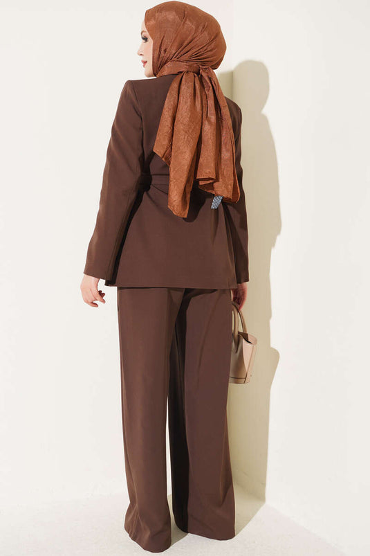 Belted Pockets Jacket Set In Brown