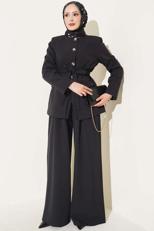 Belted Pockets Jacket Set In Black