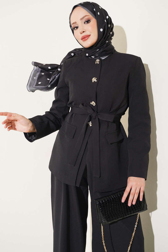 Belted Pockets Jacket Set In Black