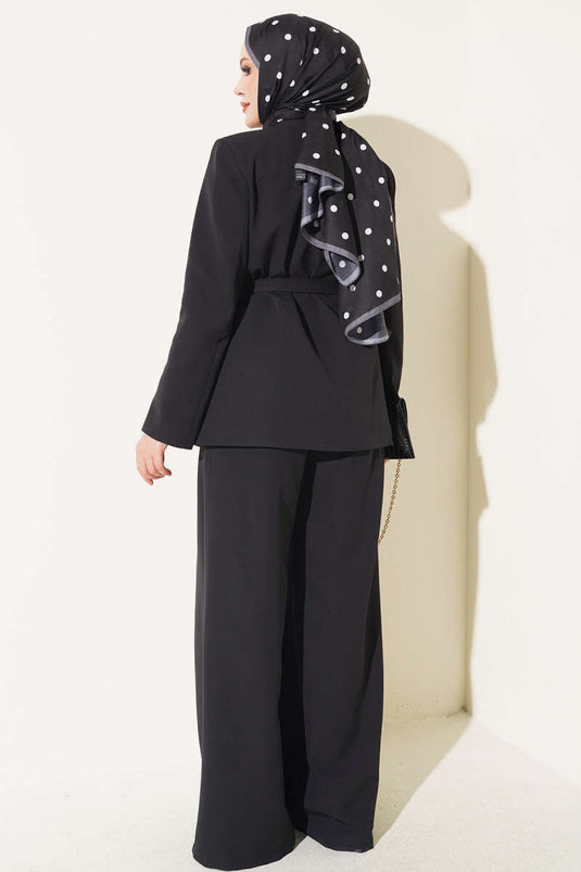 Belted Pockets Jacket Set In Black