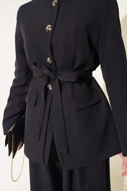 Belted Pockets Jacket Set In Black
