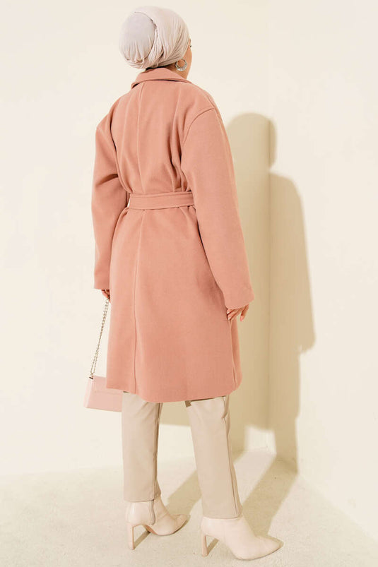Kuşaklı Cepli Kaşe Kaban Pudra