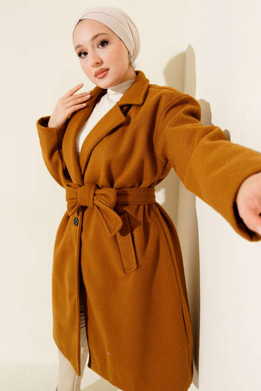 Belted Pocketed Cashmere Coat, Tan
