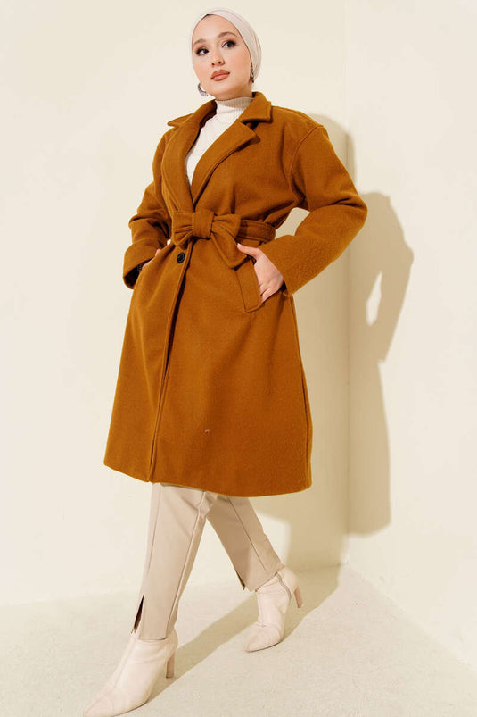 Belted Pocketed Cashmere Coat, Tan