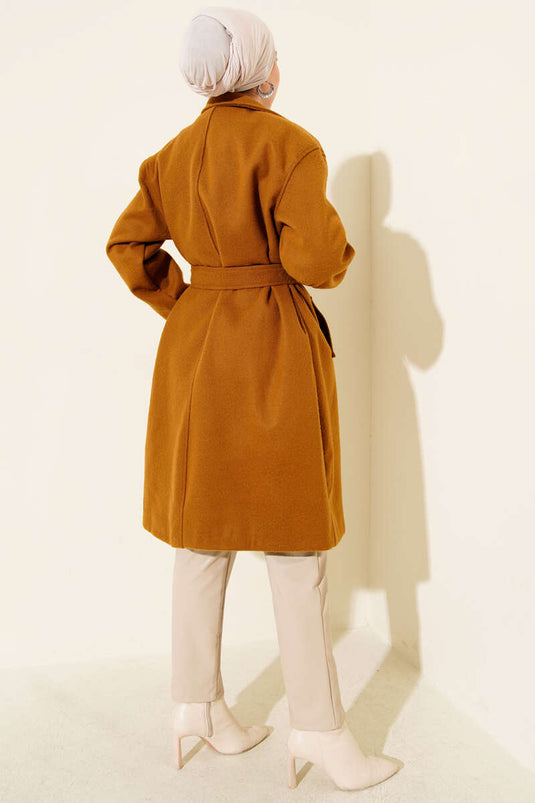 Belted Pocketed Cashmere Coat, Tan
