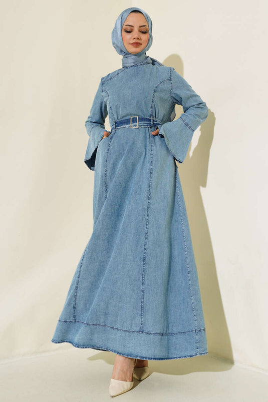 Robe En Jean Avec Poche Ceinturée Bleu Denim