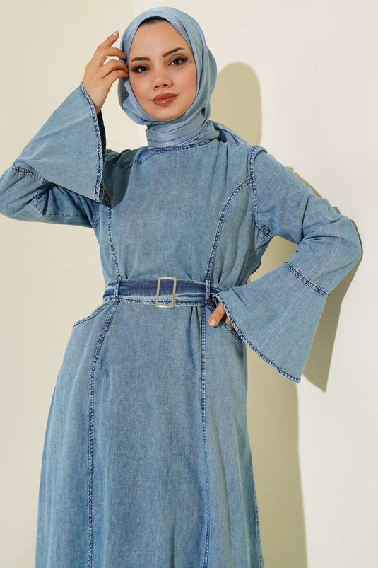 Robe En Jean Avec Poche Ceinturée Bleu Denim