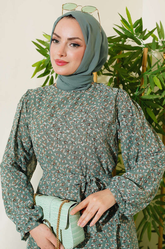 Belted Flower Patterned Dress Mint