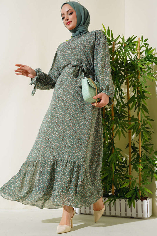 Belted Flower Patterned Dress Mint