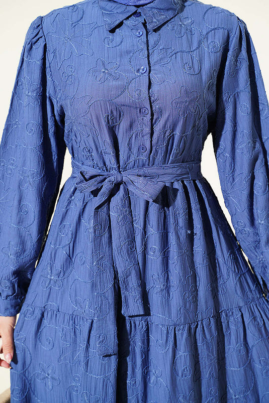 Belted Floral Embroidered Layered Dress Blue