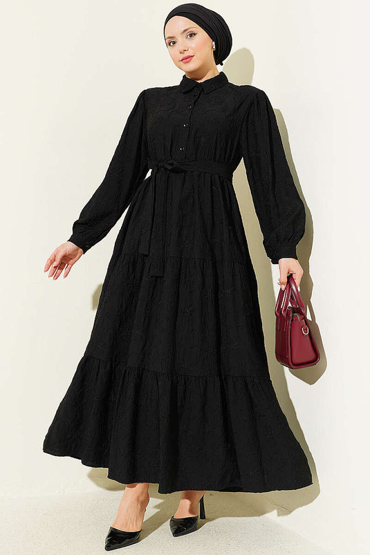 Belted Floral Embroidered Layered Dress Black