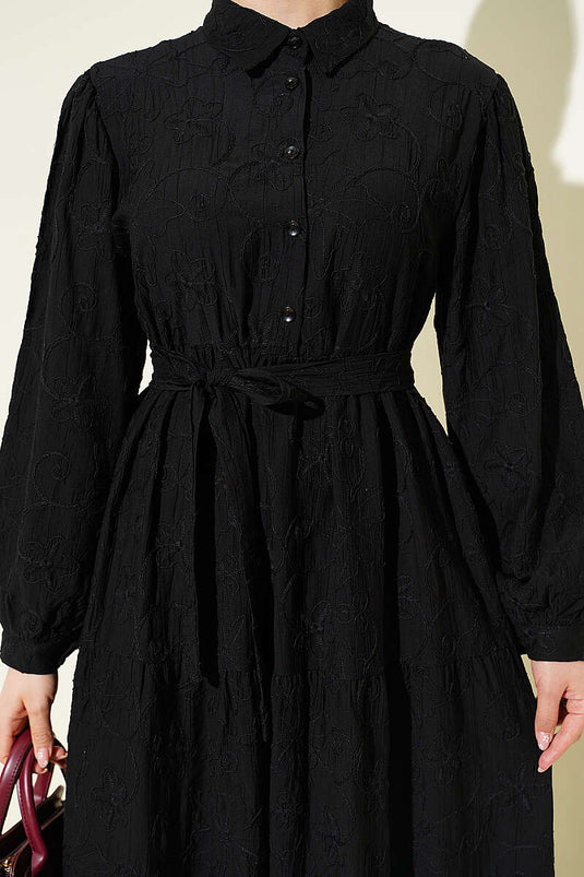 Belted Floral Embroidered Layered Dress Black