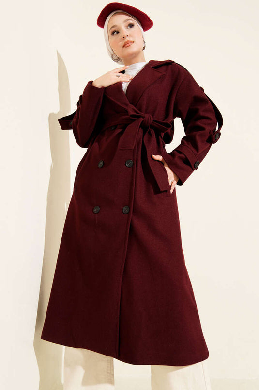 Belted Button Detailed Cashmere Coat Burgundy