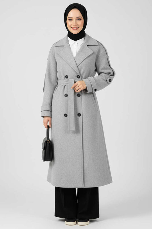 Gray Belted Button-Detailed Kaşe Overcoat