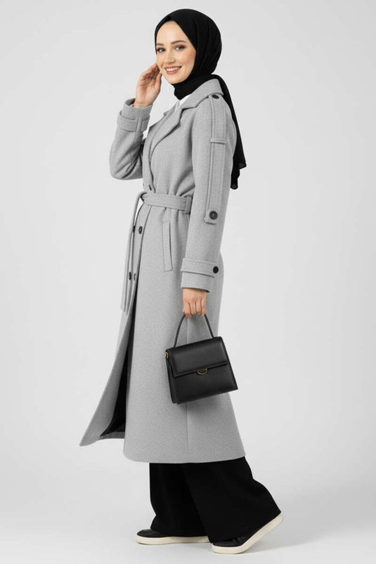 Gray Belted Button-Detailed Kaşe Overcoat