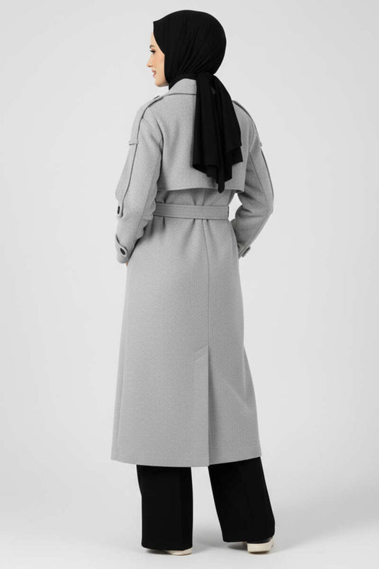 Gray Belted Button-Detailed Kaşe Overcoat