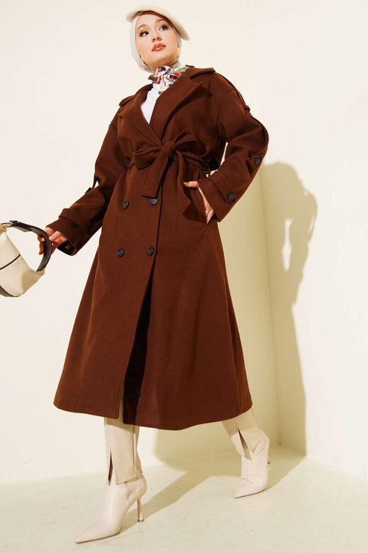 Belted Button Detailed Cashmere Coat Brown