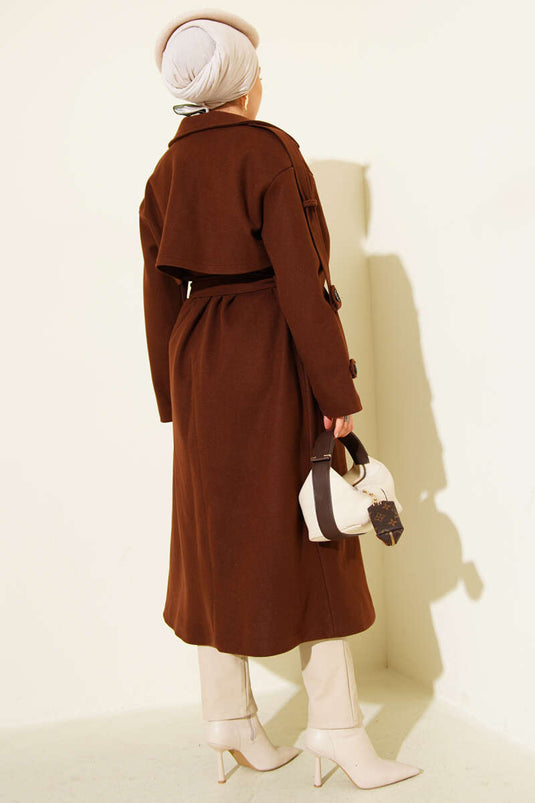 Belted Button Detailed Cashmere Coat Brown