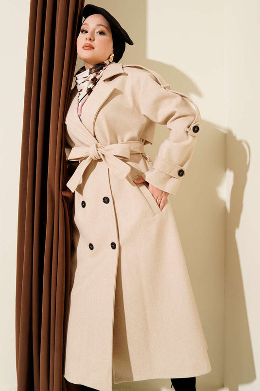 Belted Button Detailed Cashmere Coat Latte