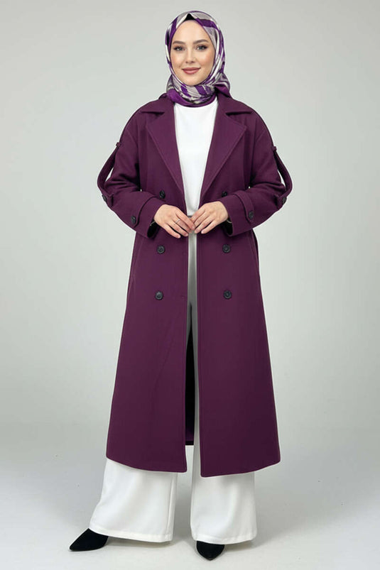 معطف كشمير بحزام وأزرار أرجواني