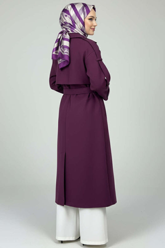 معطف كشمير بحزام وأزرار أرجواني