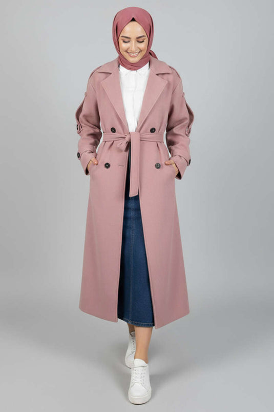 Belted Button Detailed Cashmere Coat Powder