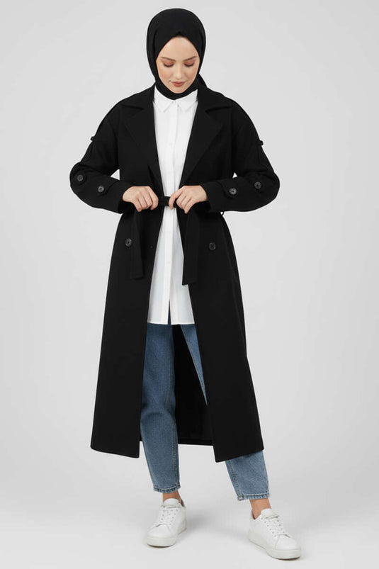 Black Kaşe Coat with Belt and Button Details