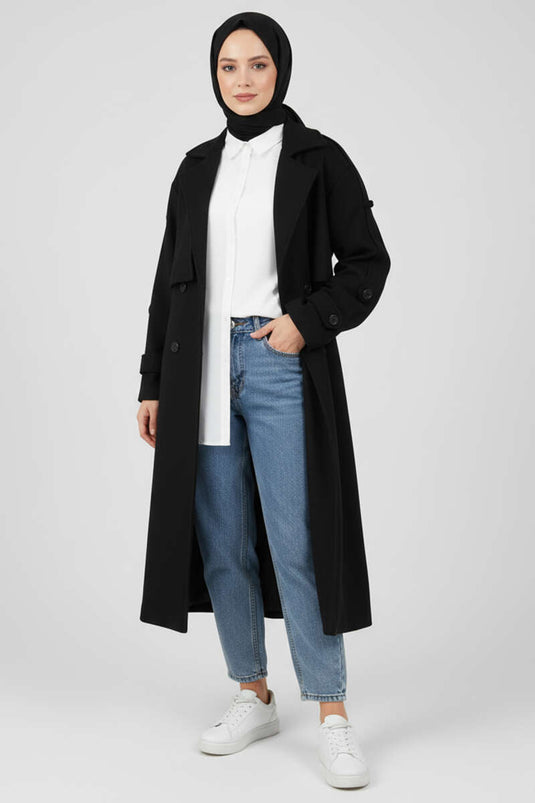 Black Kaşe Coat with Belt and Button Details