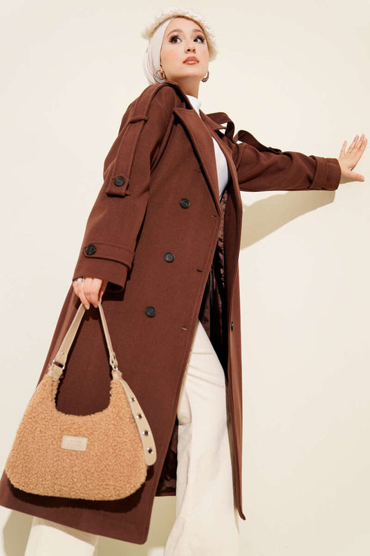 Belted Button Detailed Cashmere Coat Cinnamon