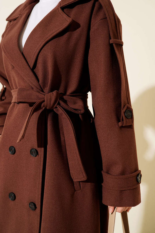 Belted Button Detailed Cashmere Coat Cinnamon