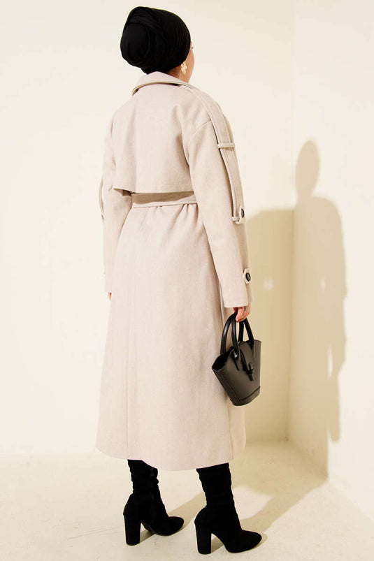 Belted Button Detailed Cashmere Coat Stone
