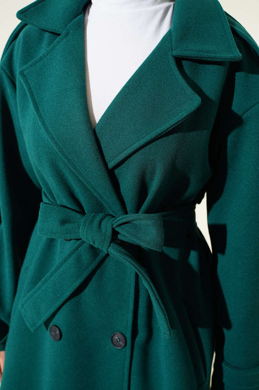 Manteau en laine à ceinture avec détail de bouton Émeraude