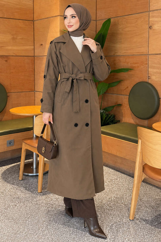 Belted Button Detail Trench Coat Khaki