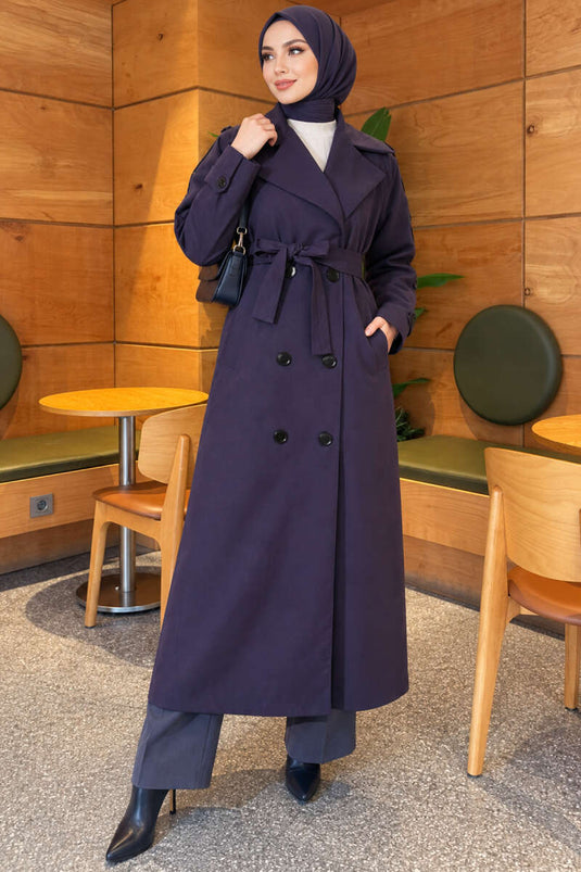Belted Button Detail Trench Coat Navy