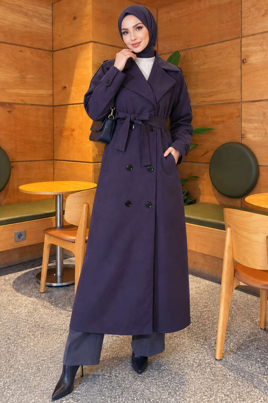 Belted Button Detail Trench Coat Navy