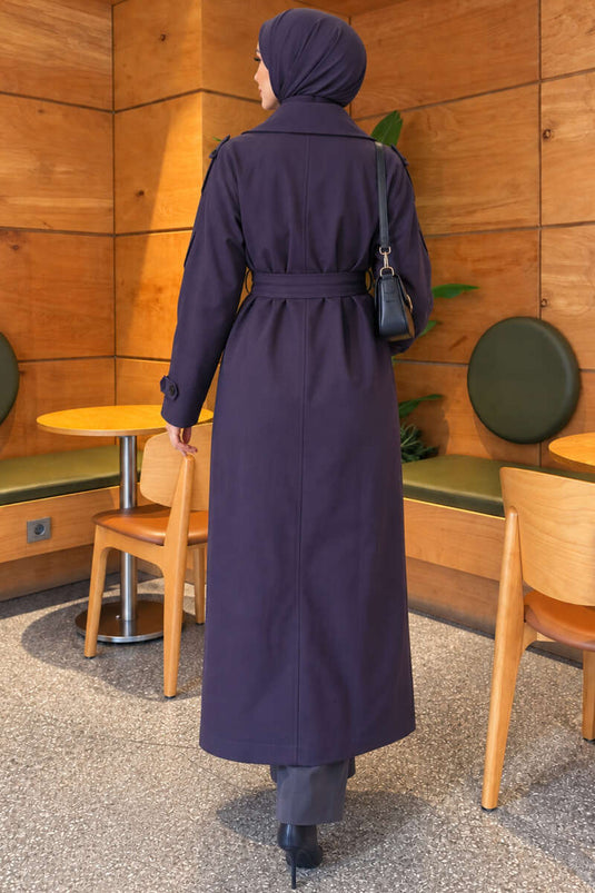 Belted Button Detail Trench Coat Navy