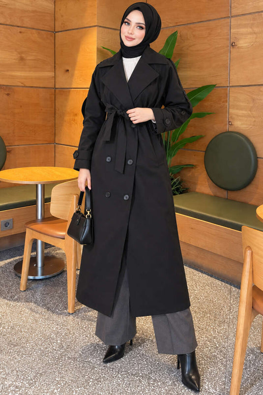 Trench Coat Nero Con Cintura E Bottoni