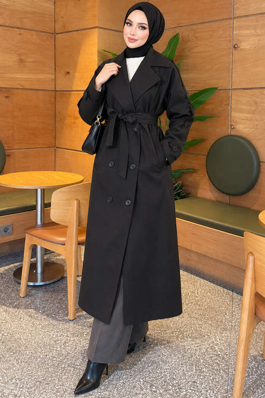 Trench Coat Nero Con Cintura E Bottoni