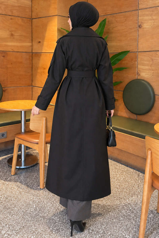 Trench Coat Nero Con Cintura E Bottoni